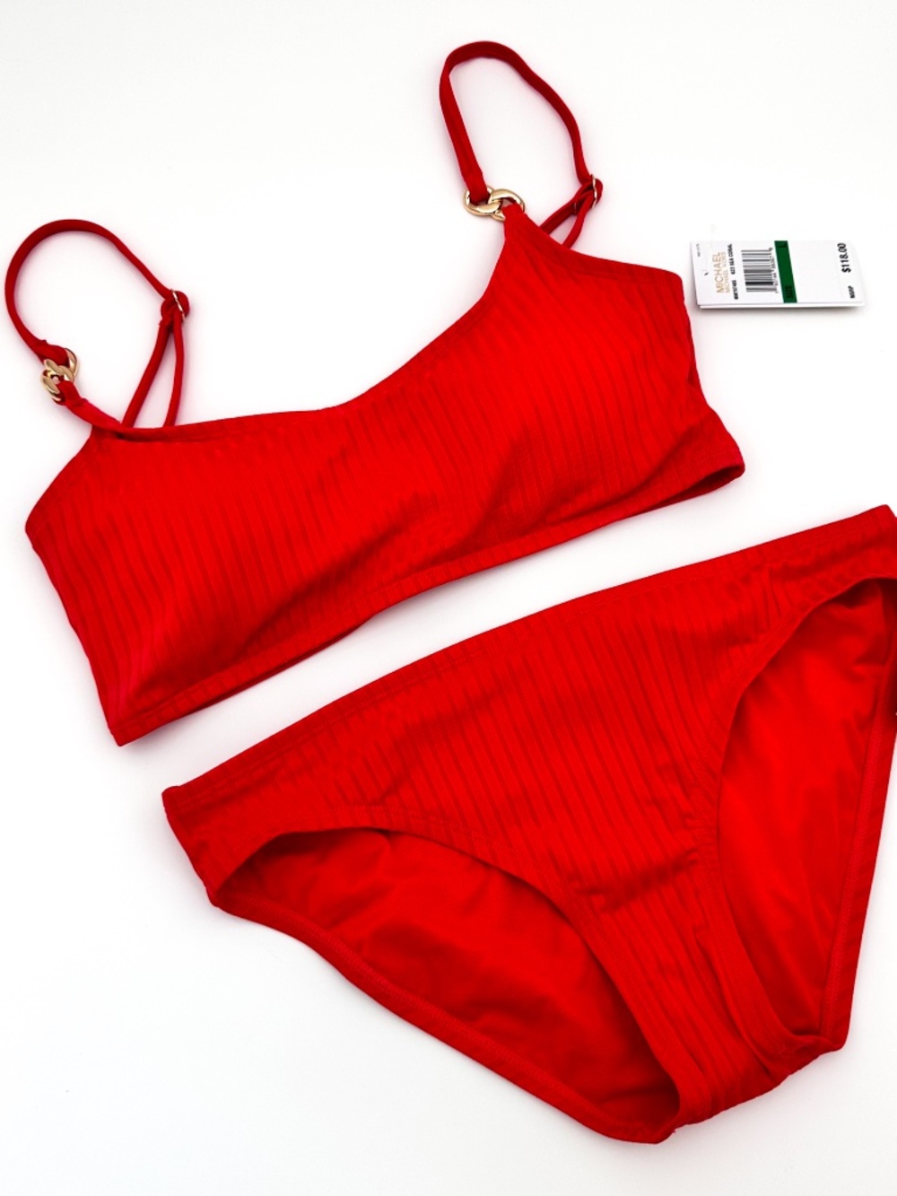 NEW Michael Kors 2 Piece Red Swim Swimsuit Bikini Women's Size L Orig $118